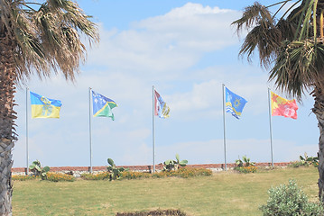 Image showing Different flags row.on  windsurfing station in Alacati, Turkey