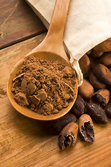 Image showing Cocoa (cacao) beans on natural wooden table