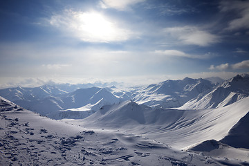 Image showing Snowy mountains in evening