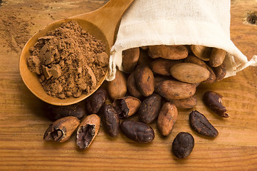 Image showing Cocoa (cacao) beans on natural wooden table