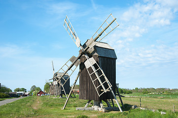 Image showing Old wooden Windmills on  the island Öland