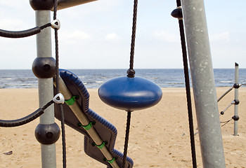 Image showing Kid playground near sea. Climbing equipment 