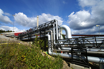 Image showing industrial pipelines and smokestack with a natural blue backgrou