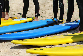 Image showing Surfing team on the beach