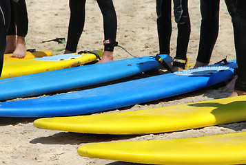 Image showing Surfing team on the beach