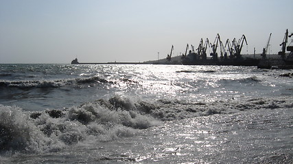 Image showing panorama of the everning sea with docks