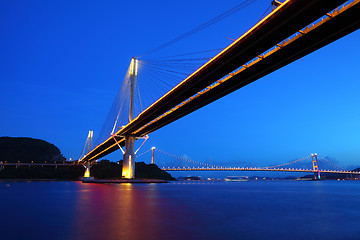 Image showing Ting Kau Bridge and Tsing ma Bridge at evening, in Hong Kong