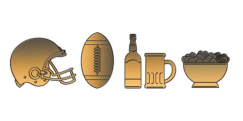 Image showing american football helmet ball beer chips golden metallic