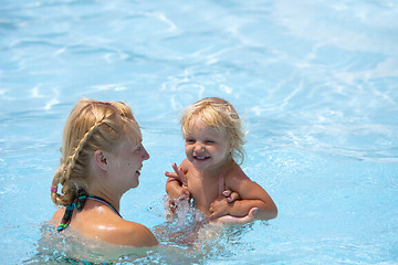 Image showing Child having fun in water with mom.