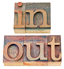 Image showing in and out word in wood type