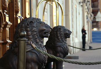 Image showing Wooden lion sculptures