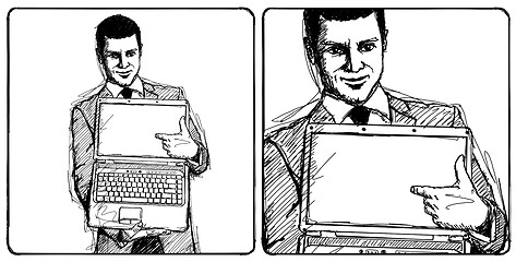 Image showing Sketch Businessman With Open Laptop In His Hands