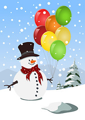 Image showing Happy snowman holding colorful balloons