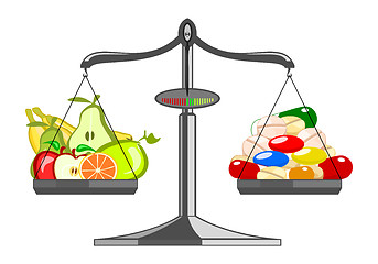 Image showing Fresh fruit versus pile tablets