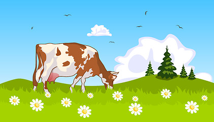 Image showing Cow in the meadow at the edge of grove