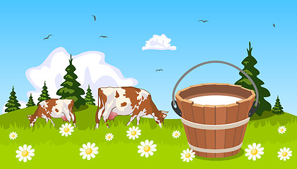 Image showing Cow on meadow bucket of milk in the foreground