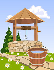 Image showing Old wooden well and bucket of water