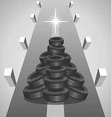 Image showing Heap car tires like a Christmas tree