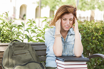 Image showing Female Student Outside with Headache Sitting with Books and Back