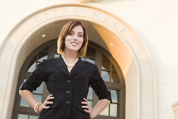 Image showing Young Pretty Businesswoman Outside in Front of City Hall