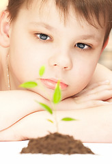 Image showing The boy observes cultivation of a young plant. 