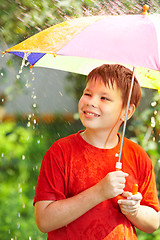 Image showing boy under an umbrella during a rain