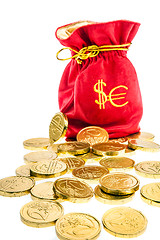 Image showing Sack with euro and dollars coins