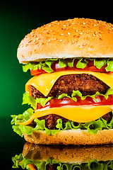 Image showing Tasty and appetizing hamburger on a darkly green