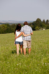 Image showing young love couple smiling outdoor in summer 