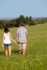 Image showing young love couple smiling outdoor in summer 