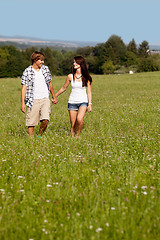 Image showing young love couple smiling outdoor in summer 