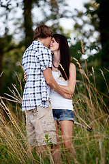 Image showing young love couple smiling outdoor in summer 