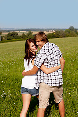 Image showing young love couple smiling outdoor in summer 