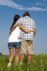 Image showing young love couple smiling outdoor in summer 