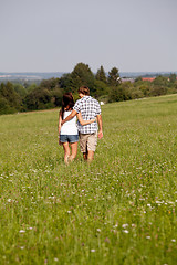 Image showing young love couple smiling outdoor in summer 