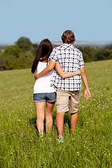 Image showing young love couple smiling outdoor in summer 