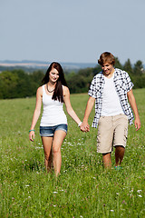 Image showing young love couple smiling outdoor in summer 