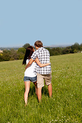 Image showing young love couple smiling outdoor in summer 