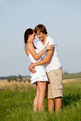 Image showing young love couple smiling outdoor in summer 