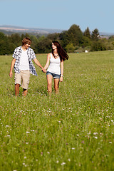 Image showing young love couple smiling outdoor in summer 