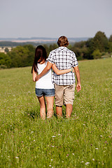 Image showing young love couple smiling outdoor in summer 