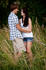 Image showing young love couple smiling outdoor in summer 