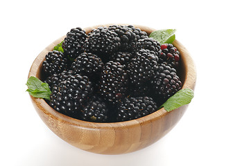 Image showing Ripe Blackberries in Wooden Bowl