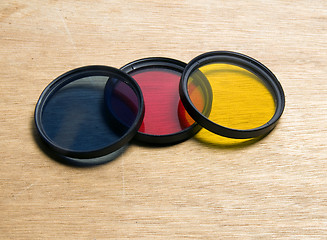 Image showing camera lens filter set blue red yellow