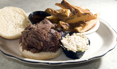 Image showing brisket beef sandwich steak fries barbecue sauce 