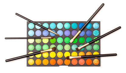 Image showing Set of Multicolored Eyeshadows with Brushes