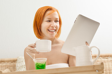 Image showing Breakfast with ipad in bed