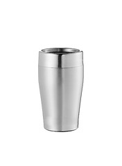 Image showing Big steel cup with lid and handle isolated on white