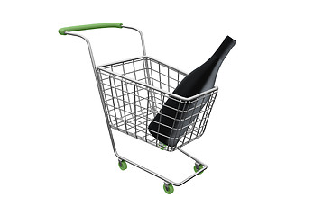 Image showing shopping cart with big wine bottle isolated on white background