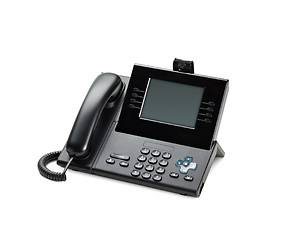 Image showing Office IP telephone set with LCD display isolated on white